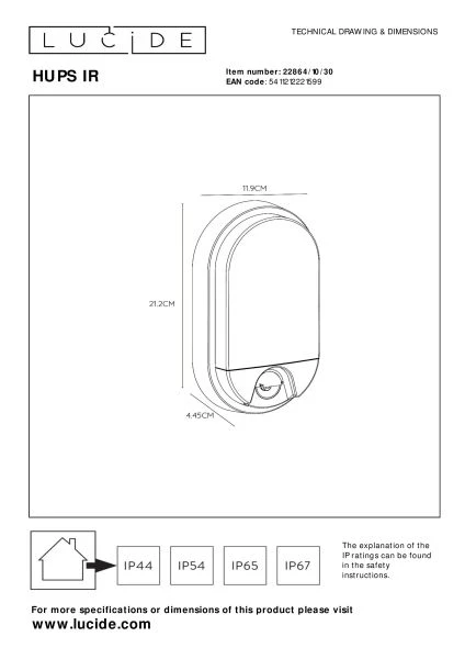 Lucide HUPS IR - Wandlamp Binnen/Buiten - LED - 1x10W 3000K - IP54 - Beweging & dag/nacht sensor - Zwart - technisch